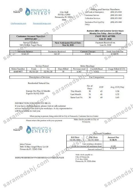 USA Florida Pensacola Energy utility bill template in Word and PDF format